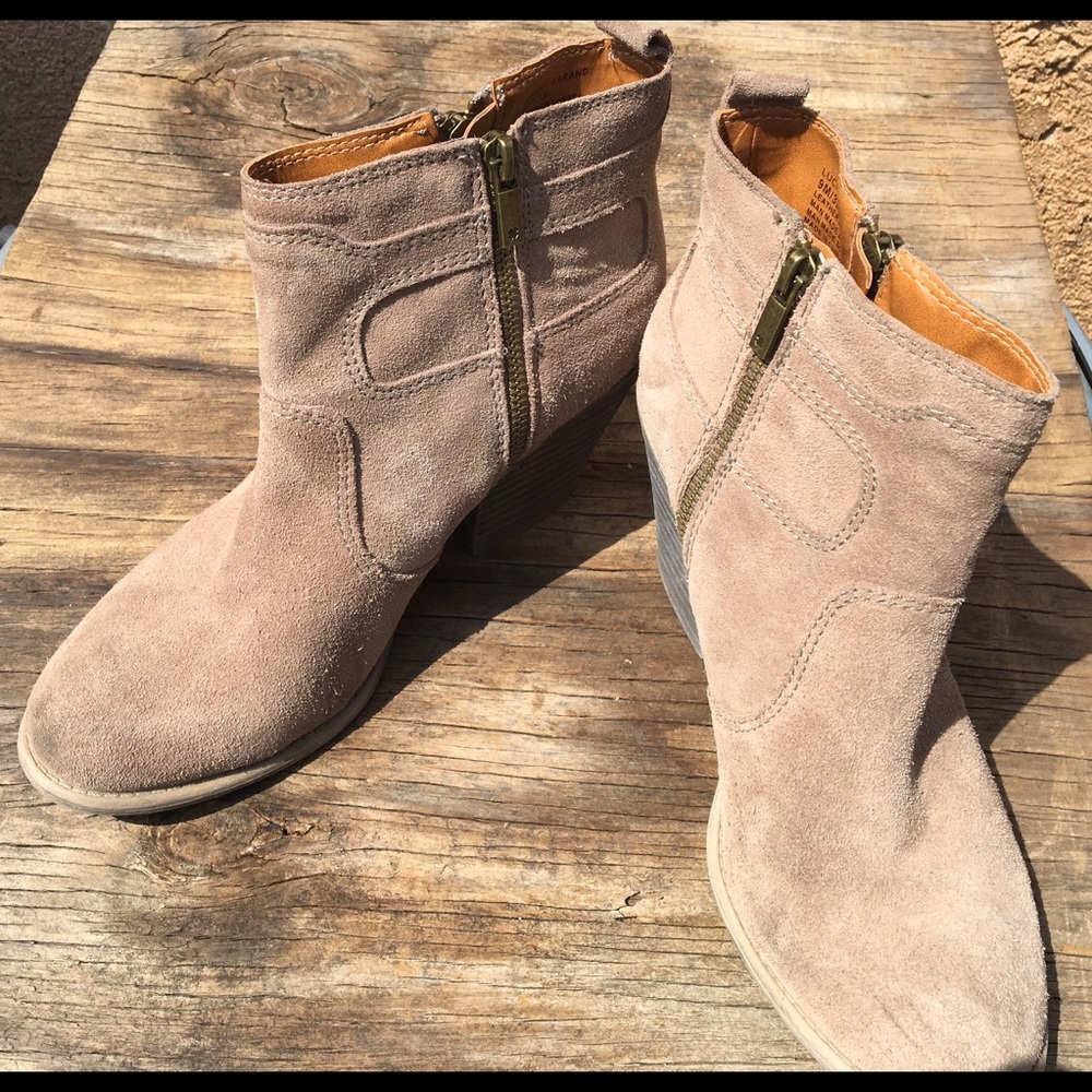 Lucky Brand Taupe Suede Ankle Booties with Side Zippers